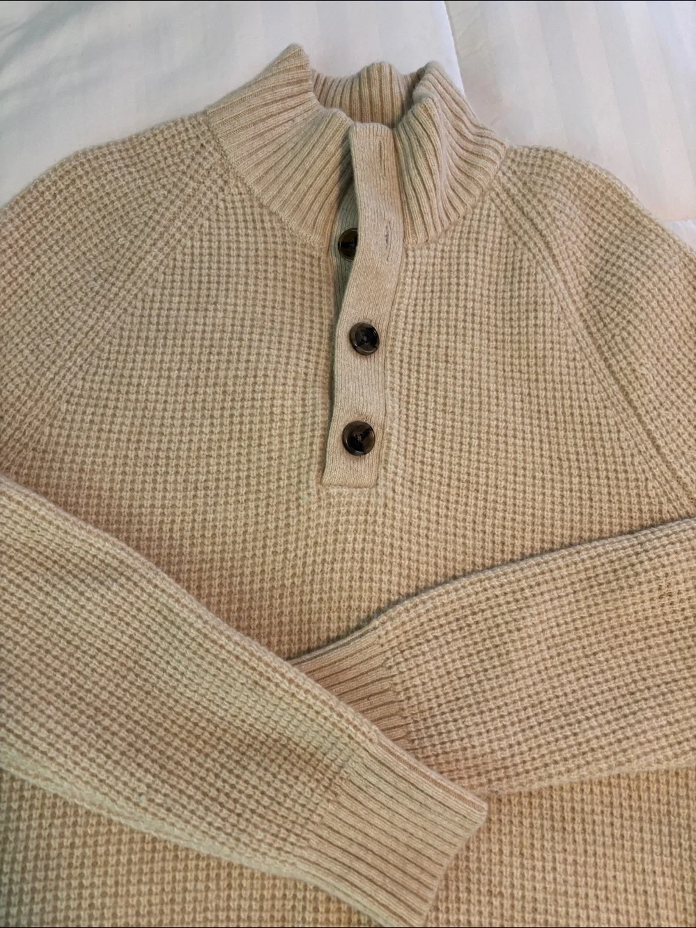 Banana Republic Marino Wool Men's Cream Waffle-Knit Button Mock Neck Sweater